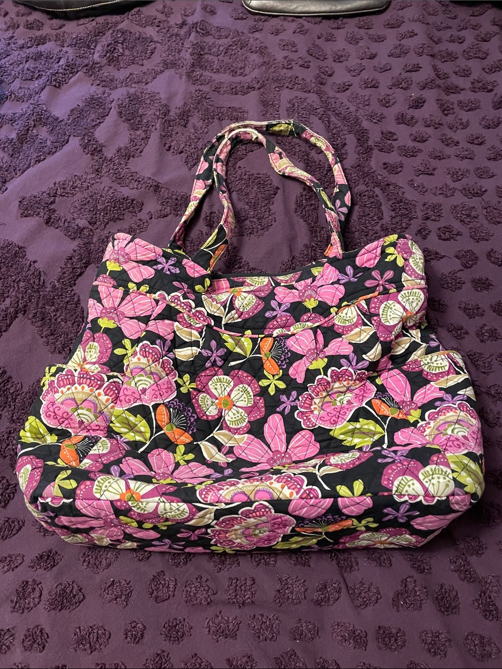 Vera Bradley Black Quilted Tote with Pink & Green Floral Pattern